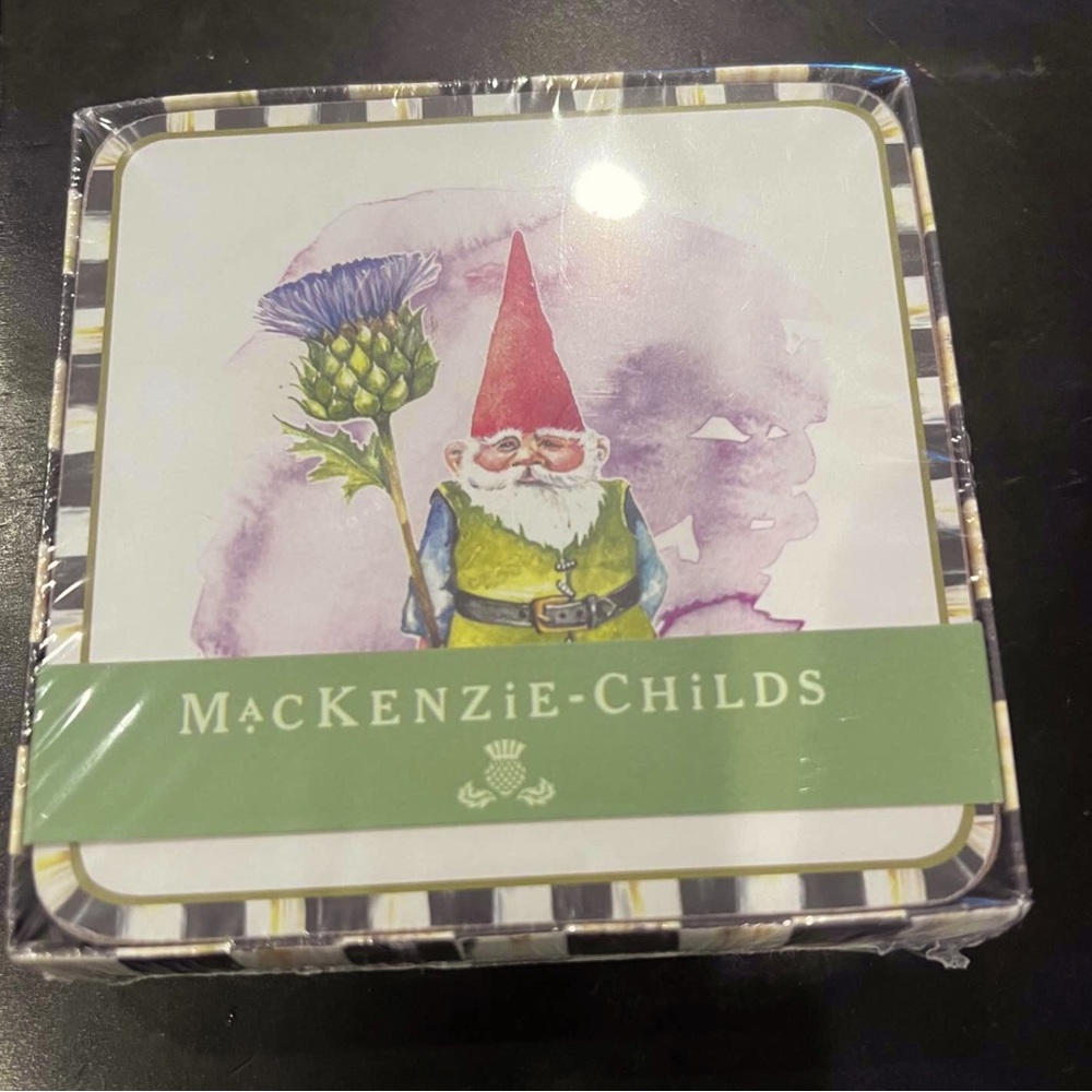 MacKenzie-Childs Woodland Gnomes cork back coasters. NEW IN BOX!